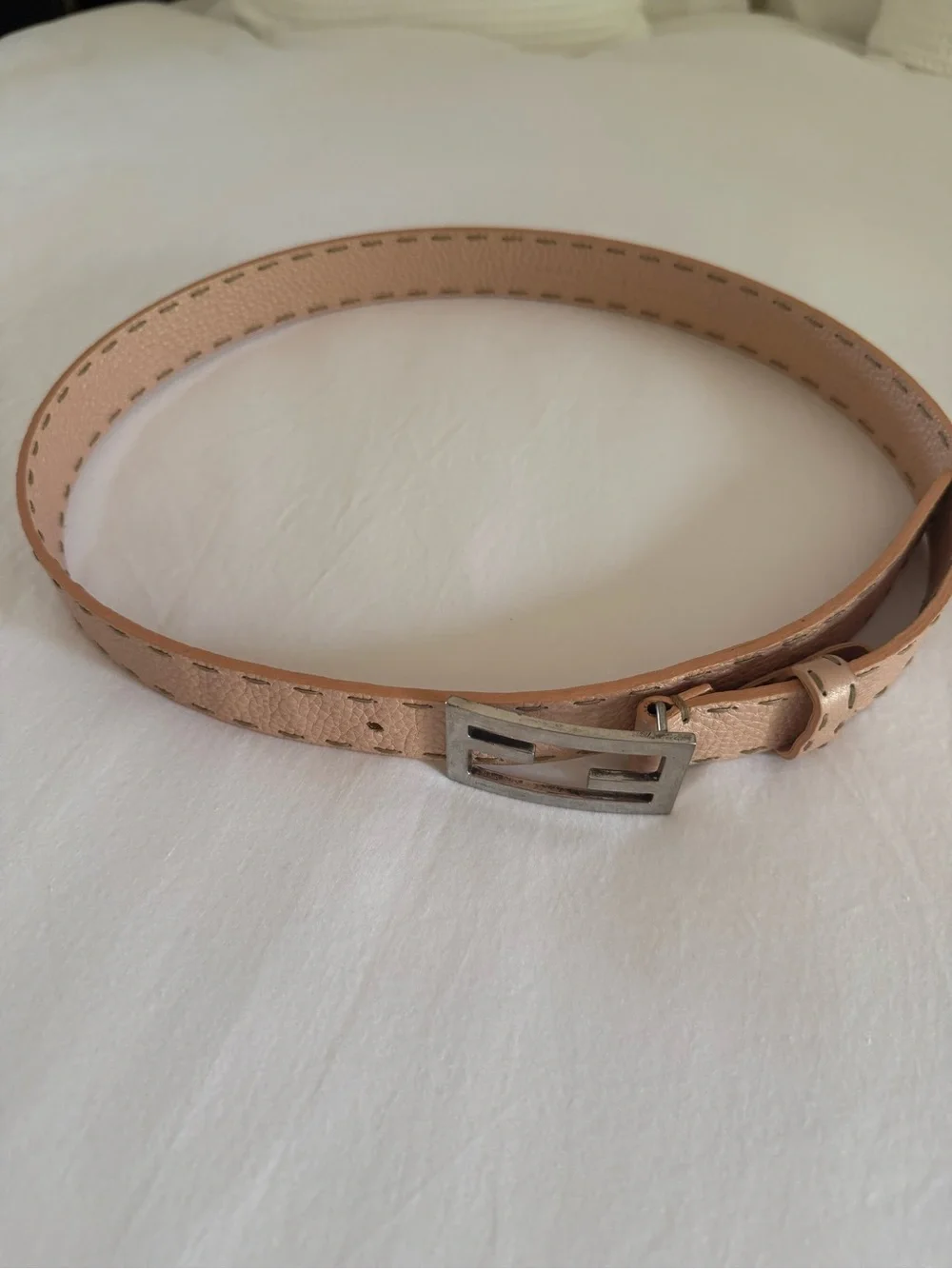Fendi Nude/Tan Leather Belt with Sterling Silver Buckle